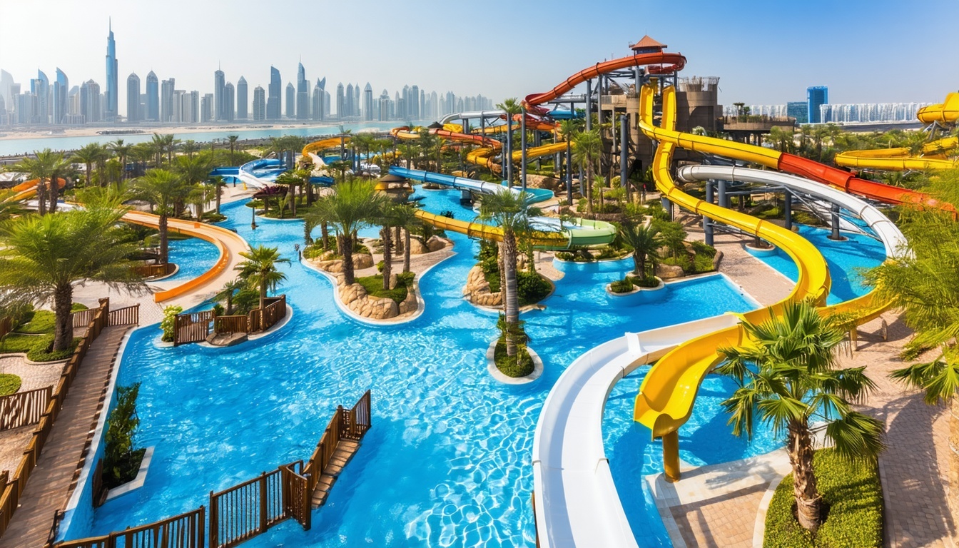 Aerial view of Aquaventure World Dubai waterpark with slides and pools