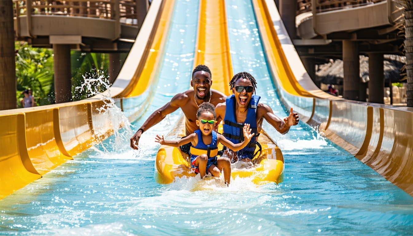Family enjoying a thrilling water slide at Aquaventure World Dubai