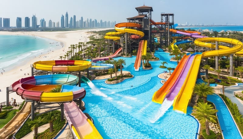 Aerial view of Aquaventure World Dubai with water slides, pools, and beachfront. Aerial view of Aquaventure World Dubai with water slides, pools, and beachfront.