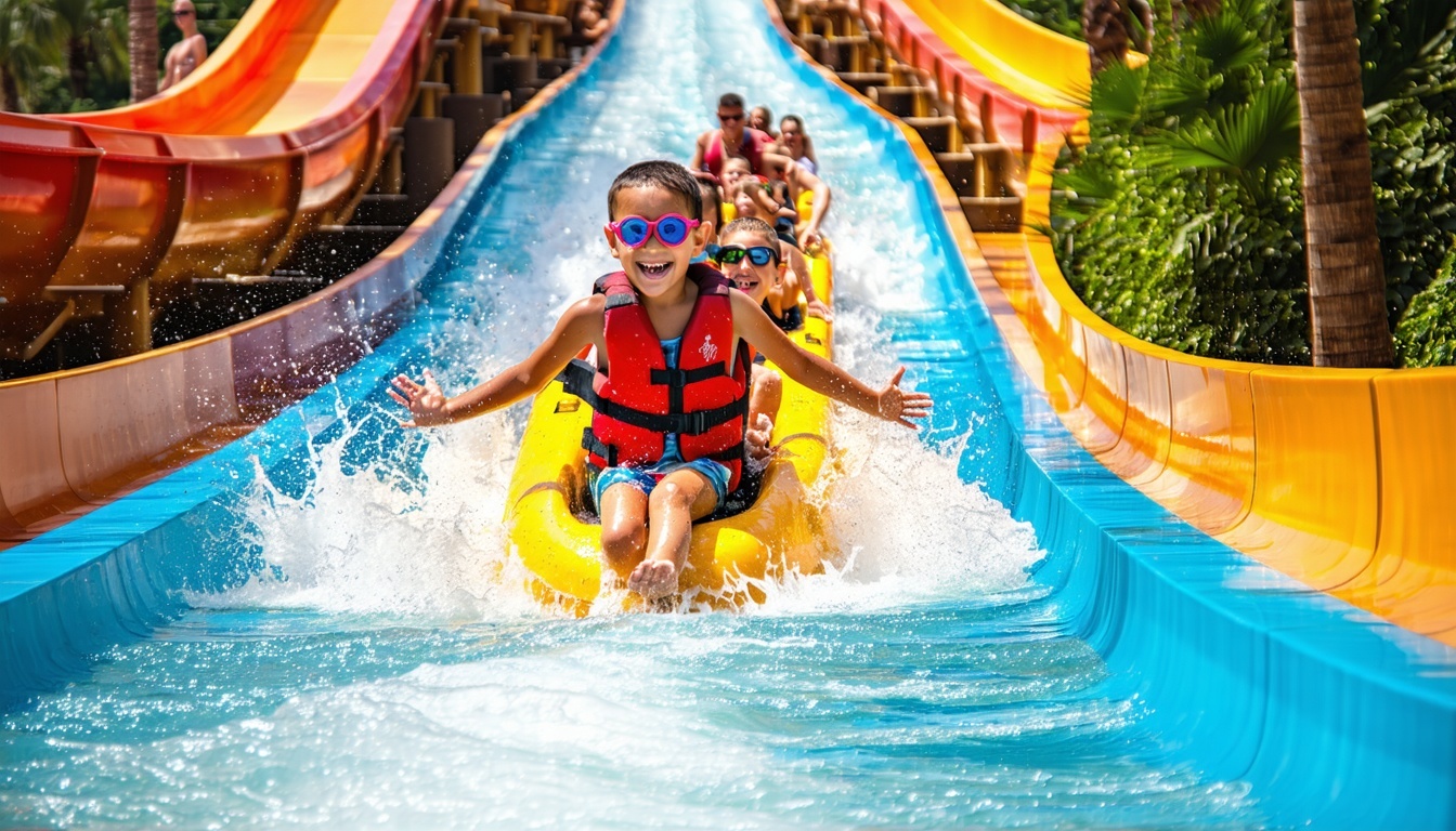 Families enjoying thrilling water slides at Aquaventure World Dubai